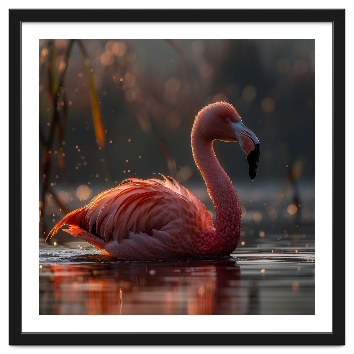 Pink Flamingo Swimming In Sunlight Water