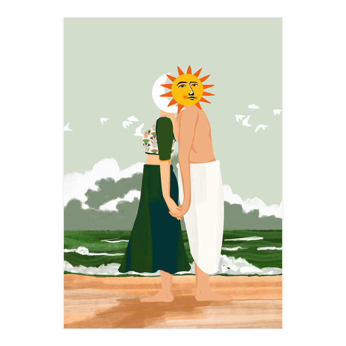 Celestial Union, Sun & Moon Love Couple, Ocean Sea Beach Landscape Nature, Summer Bohemian People (Print Only)