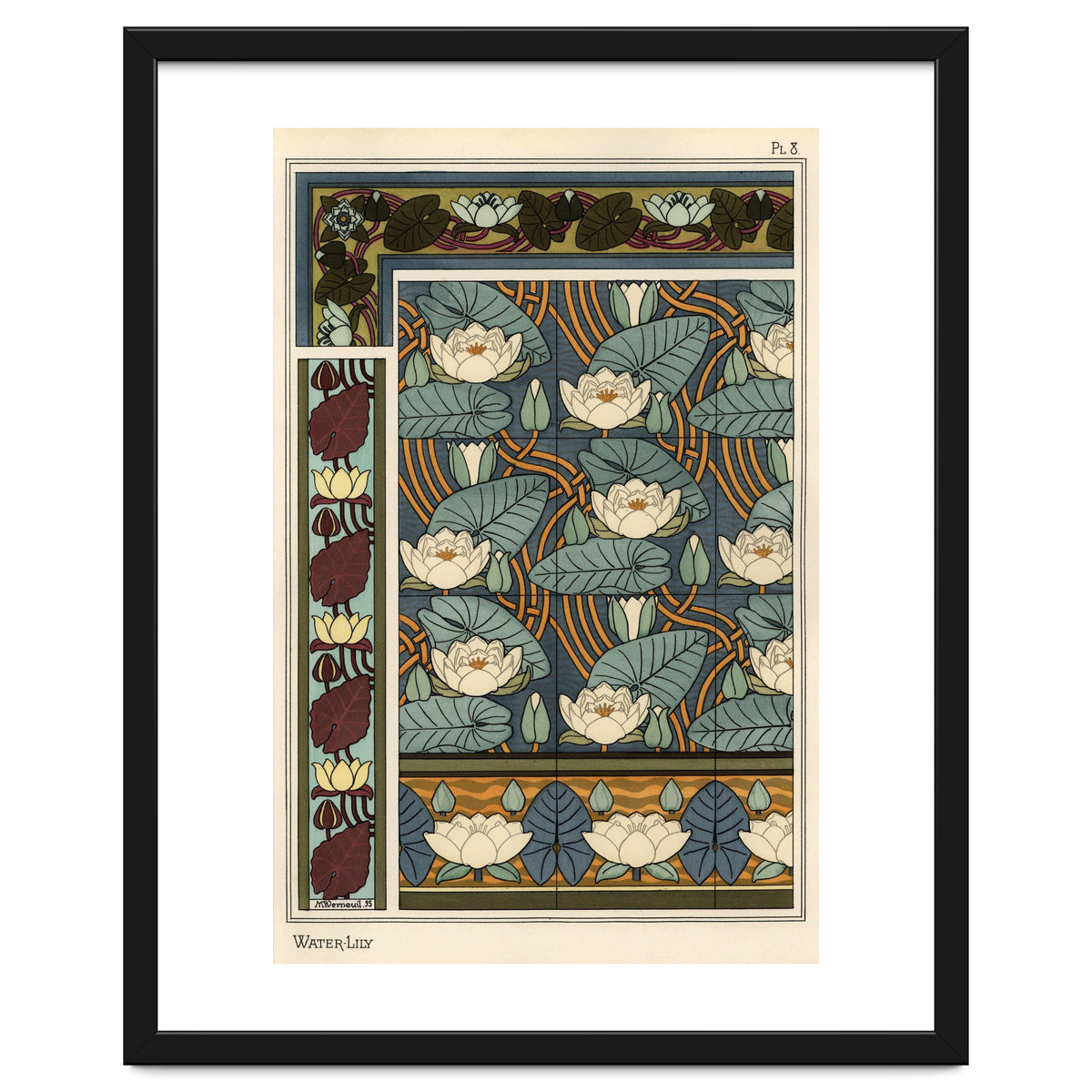 The water lily, Nelumbo lutea, in wallpaper and tile patterns. Lithograph by Verneuil.