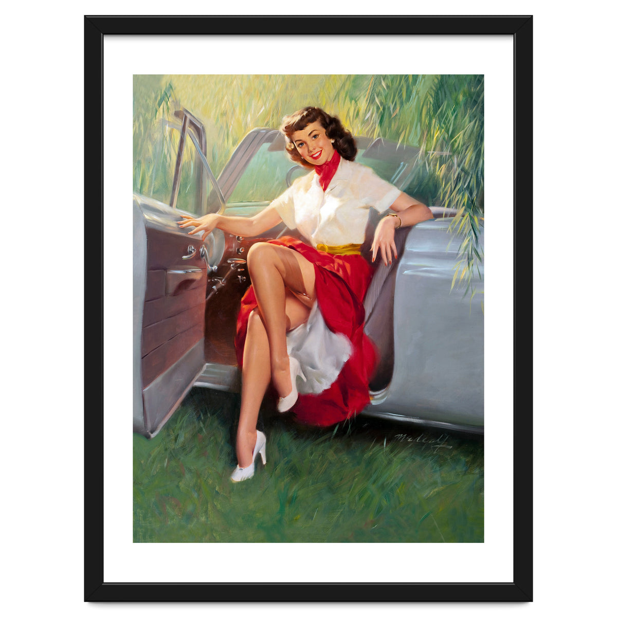 Sexy Pinup Woman Posing In Convertible Car