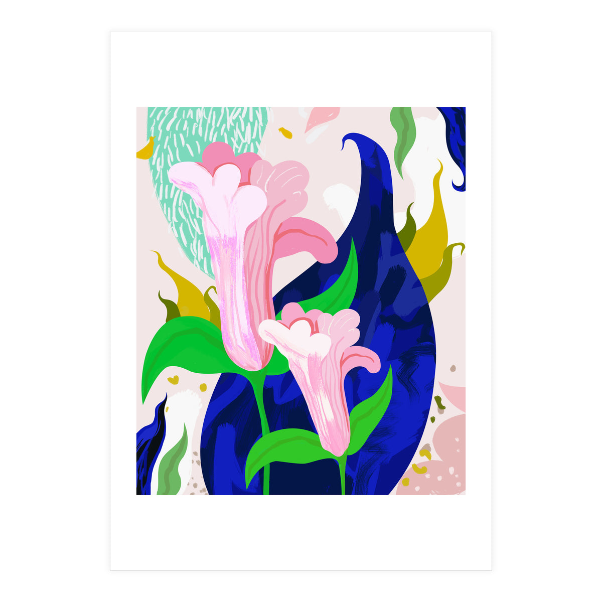 Blue Leaf | Abstract Botanical Floral Painting | Eclectic Pop of Color Nature | Jungle Plants (Print Only)