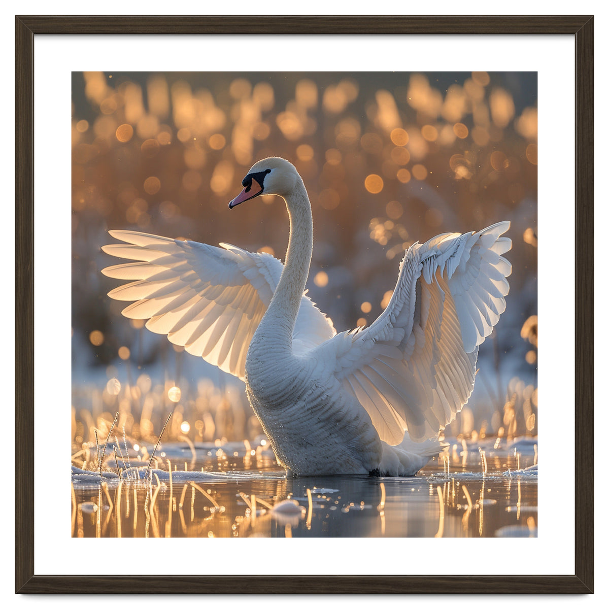 Swan Spreading Wings In Water Sunlight