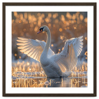 Swan Spreading Wings In Water Sunlight