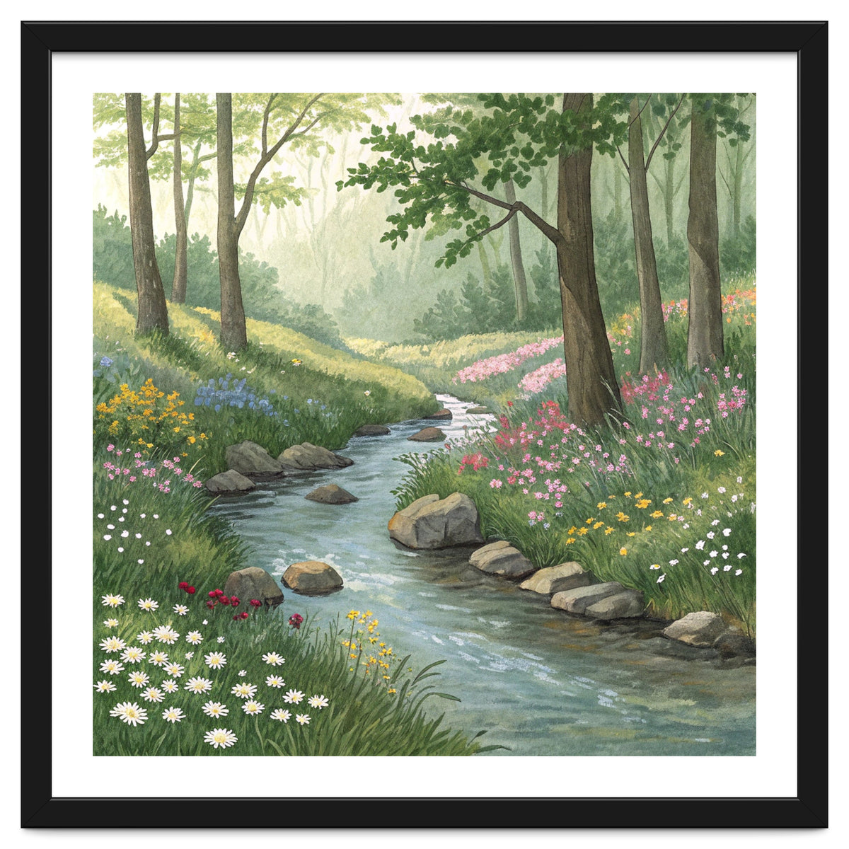 Vibrant Forest Stream Watercolor Painting