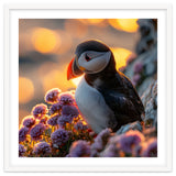Puffin Bird Amidst Purple Flowers Golden Hour thumbnail
