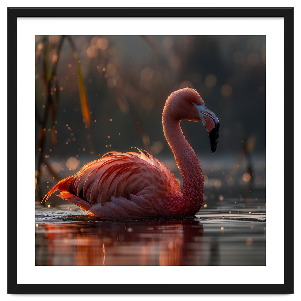 Pink Flamingo Swimming In Sunlight Water