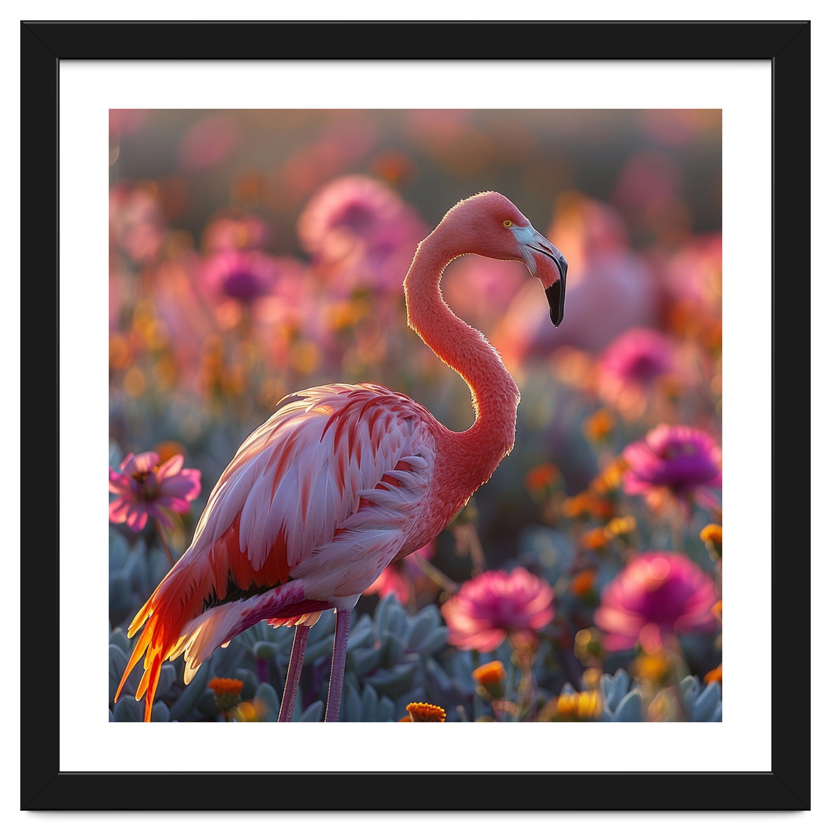 Pink Flamingo Standing In A Field Of Flowers