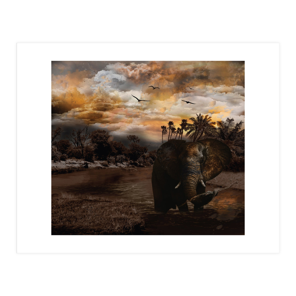 Elephant Scenic Golden Sunset African Wildlife Landscape (Print Only)