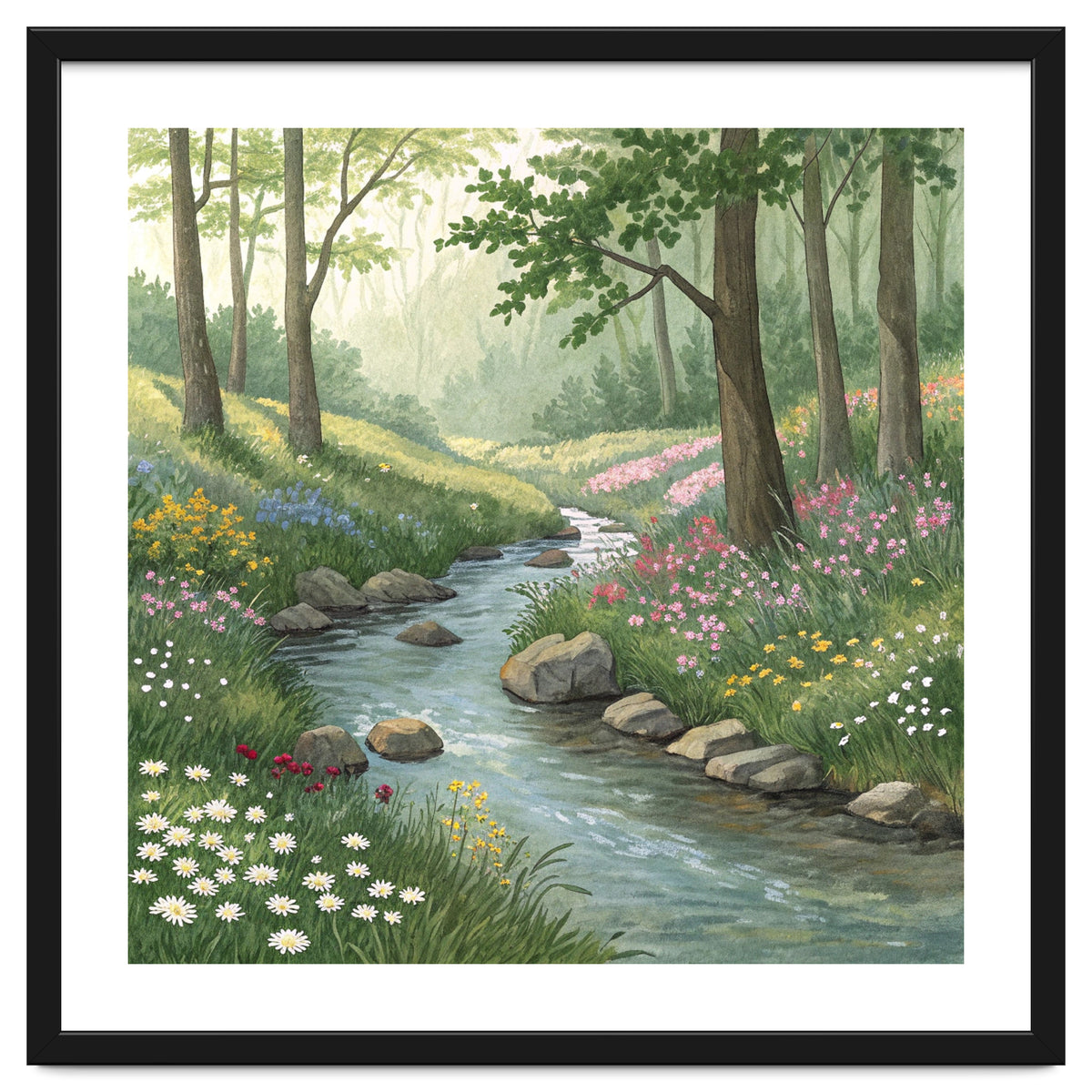 Vibrant Forest Stream Watercolor Painting