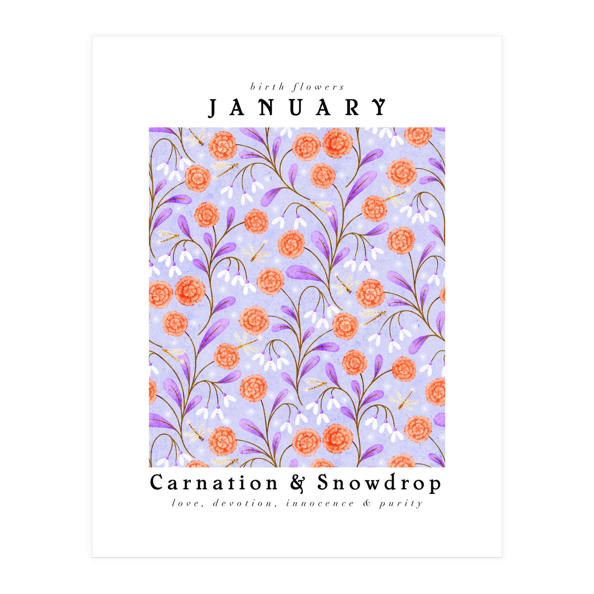 Carnations And Snowdrop January Birth Flower Floral Print (Print Only)