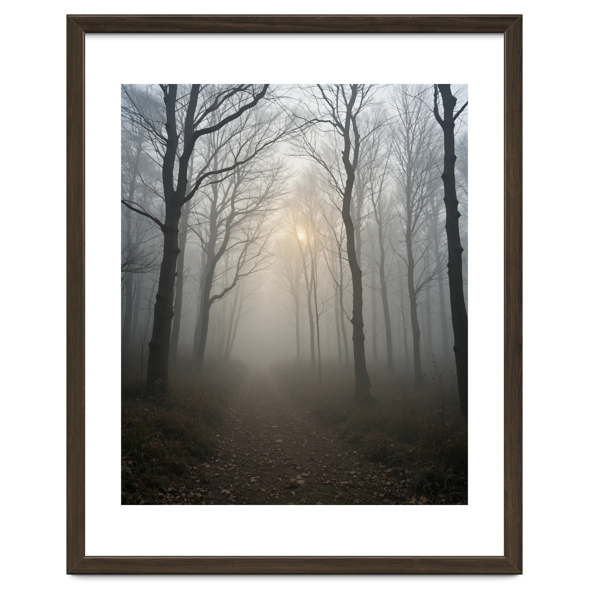 Ethereal Morning Light Breaking Through Dense Forest Fog