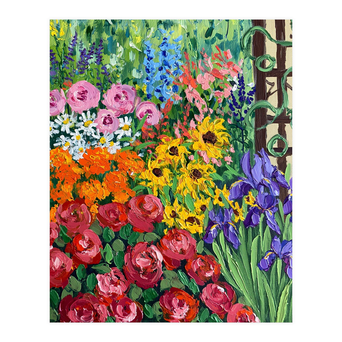 Vibrant Summer Cottage Garden Oil Painting (Print Only)