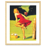 Pinup Girl In Red Dress Crossing The Barbed Wire While Looking At The Bull thumbnail