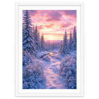 Winter Sunset Glow: Serene Snowy Forest and Frozen Creek