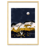 Midnight Lake, Stork Wildlife Animals Abstract Painting, Nature Landscape Travel Adventure Full Moon Night, Eclectic Gold Birds Magical Bohemian thumbnail