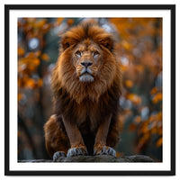 Majestic Lion Sitting On A Rock In Autumn Forest