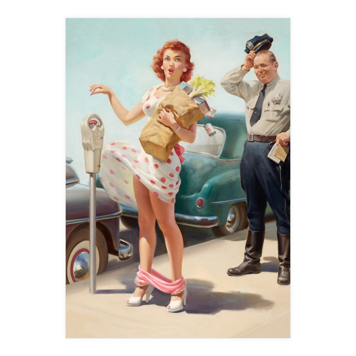 Sexy Pinup Shopping Girl And A Sudden Wind (Print Only)