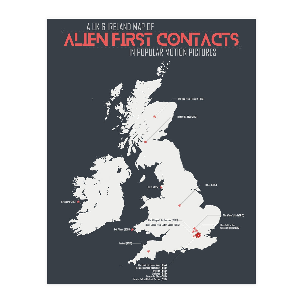 UK & Ireland Map of Alien First Contacts in Movies (Print Only)