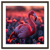 Pink Flamingo Bird Standing Among Flowers At Sunset thumbnail