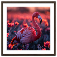 Pink Flamingo Bird Standing Among Flowers At Sunset