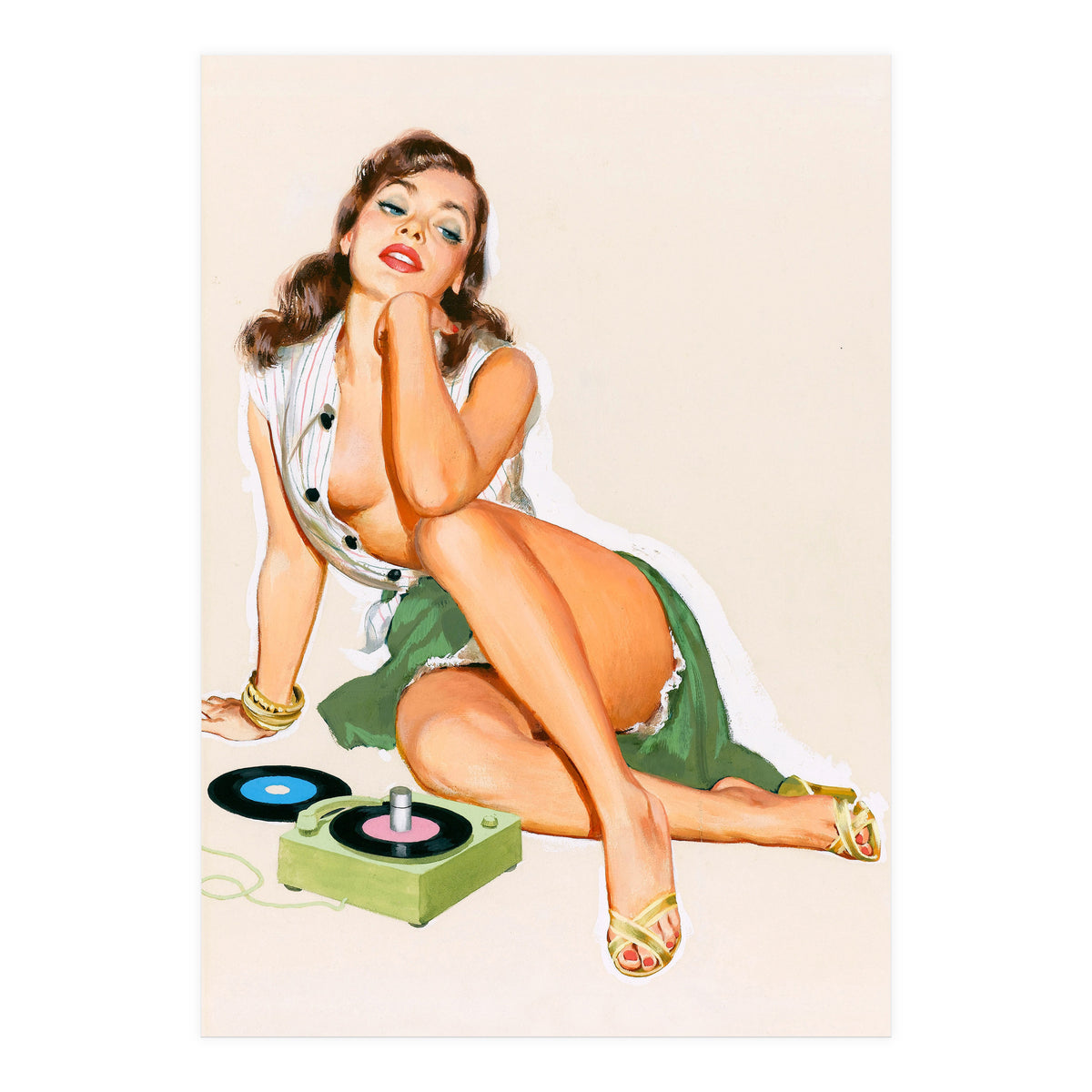 Sexy Pinup Woman Posing With Record Player (Print Only)