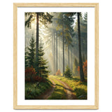 The Golden Path: Ethereal Sunbeams Piercing Through a Misty Evergreen Forest at Dawn thumbnail