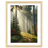 The Golden Path: Ethereal Sunbeams Piercing Through a Misty Evergreen Forest at Dawn