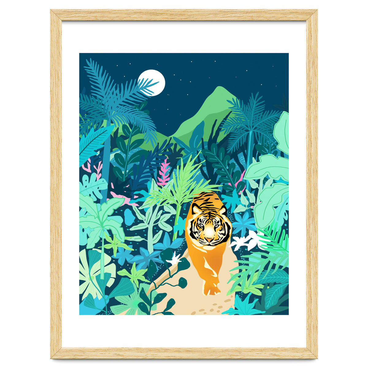 Tiger Walk, Bohemian Jungle Maximalist Nature, Botanical Forest Plants Moon Wild Animals