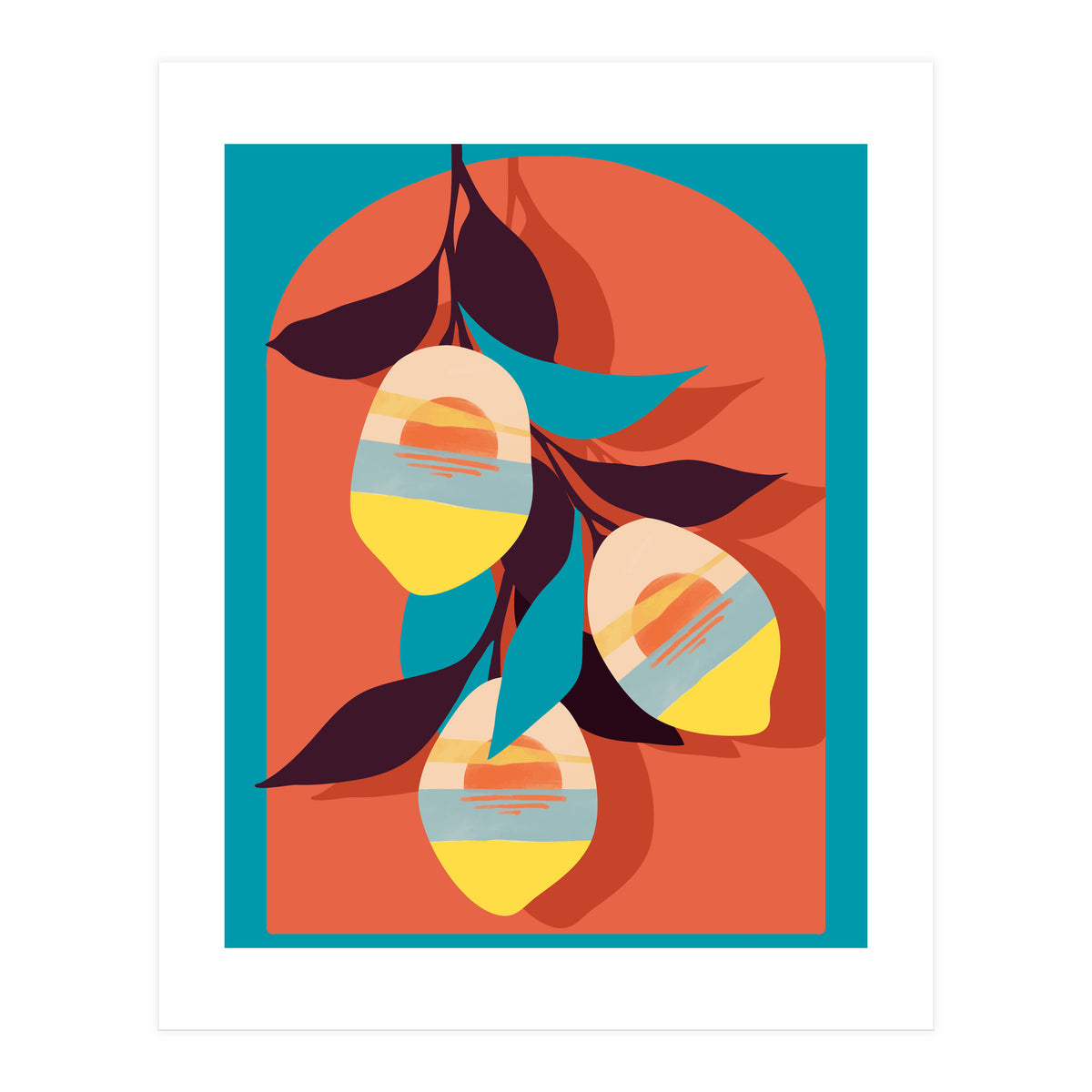 Lemon Sunset, Eclectic Botanical Colorful Bohemian Fruits, Food Pop Of Color Lime Retro (Print Only)