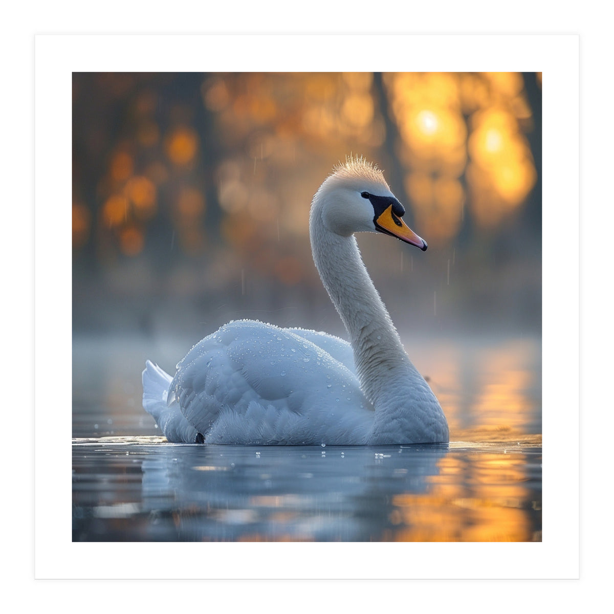 Beautiful Swan Floating On Water At Sunset (Print Only)