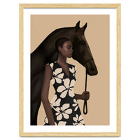 Woman In Bold Print With Black Horse