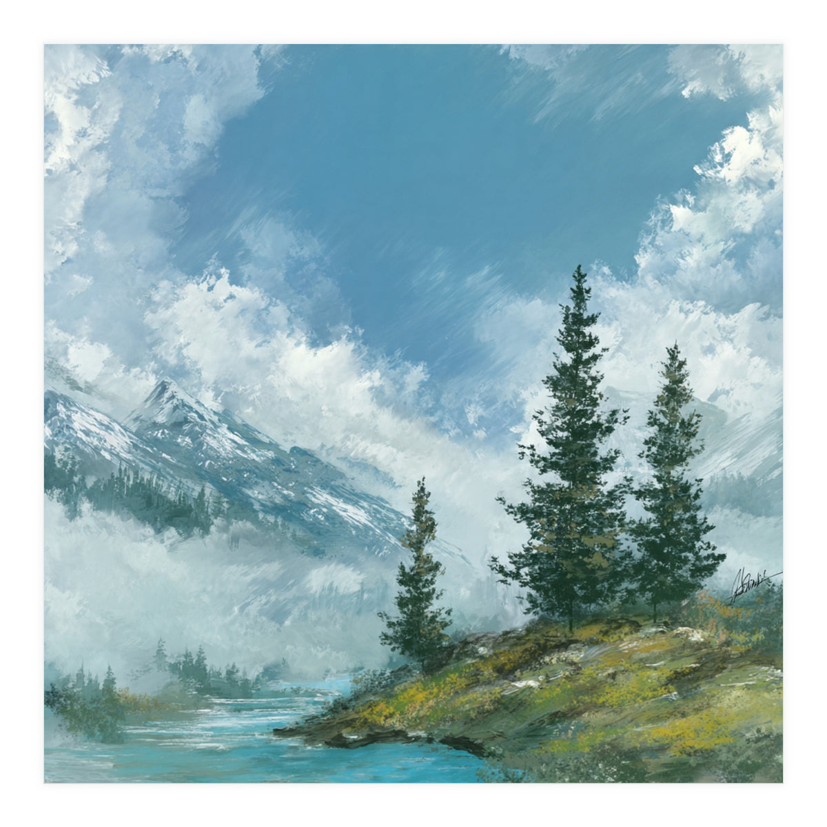 Ethereal Alpine River Valley with Snow-Capped Mountains (Print Only)