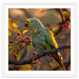 Green Parrot Perched On A Branch With Berries thumbnail