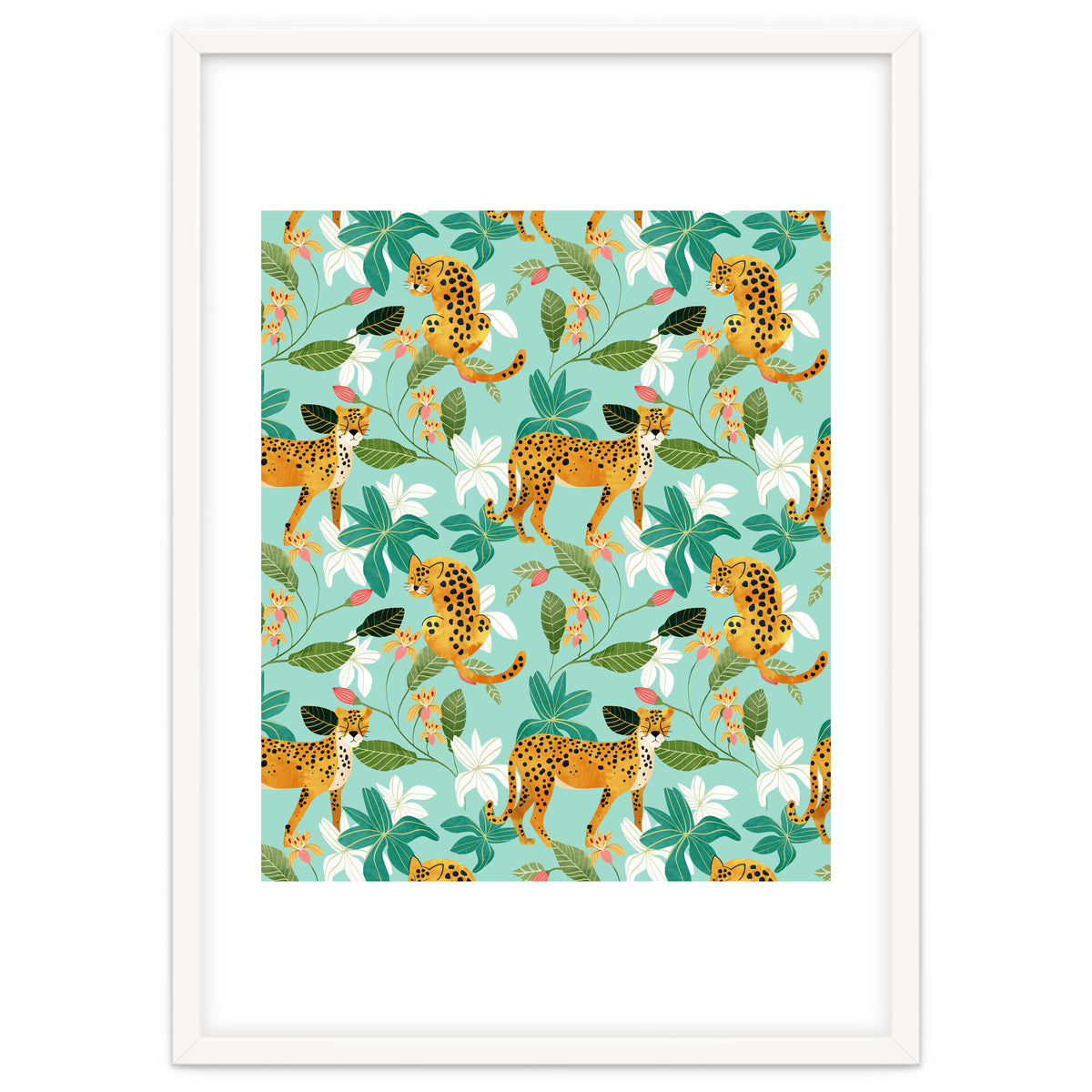 Cheetah Jungle, Wildlife Nature Wild Cats Tigers Leopard Botanical Animals Mint Quirky Illustration