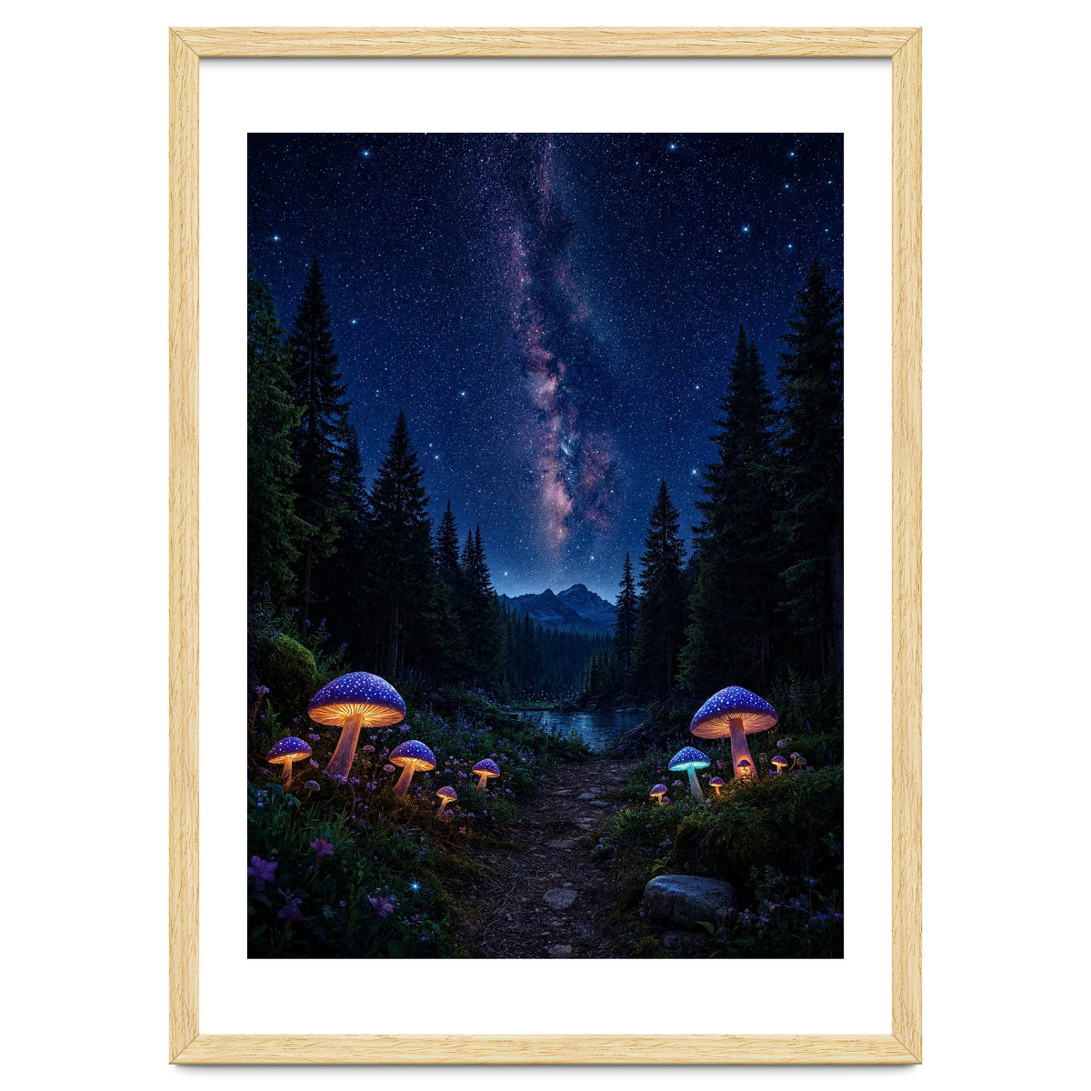 Enchanted Midnight Forest: Glowing Mushrooms and Milky Way