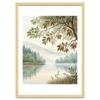 Tranquil Lakeside Forest Watercolor Painting with Overhanging Autumn Branches and Misty Mountain Reflection