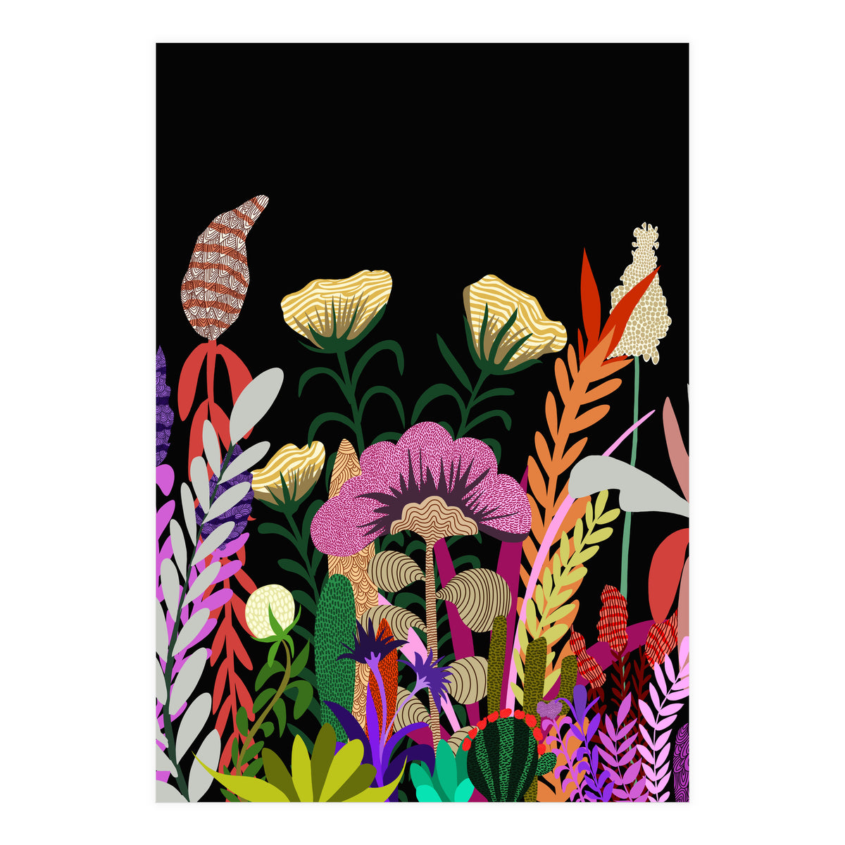 Dark Garden, Eclectic Bold Floral Botanical Nature, Colorful Mystery Bohemian Flowers Plants (Print Only)
