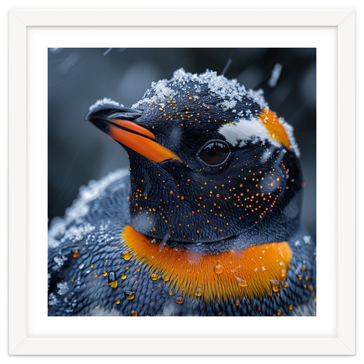 Close Up Penguin In Snow With Water Droplets