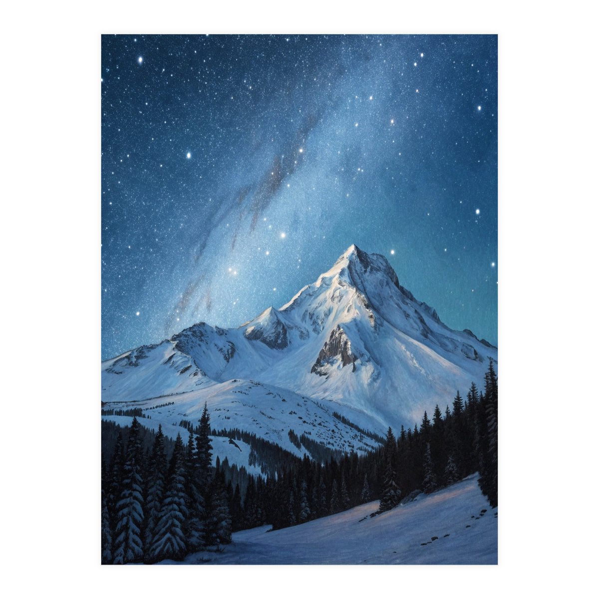 Majestic Snow-Capped Mountain Peak Under a Brilliant Starry Night Sky (Print Only)