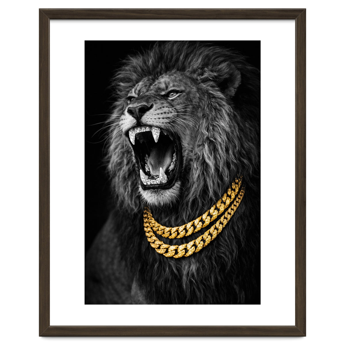 Bejweled hyper-realistic lion photography,diamond fangs portrait