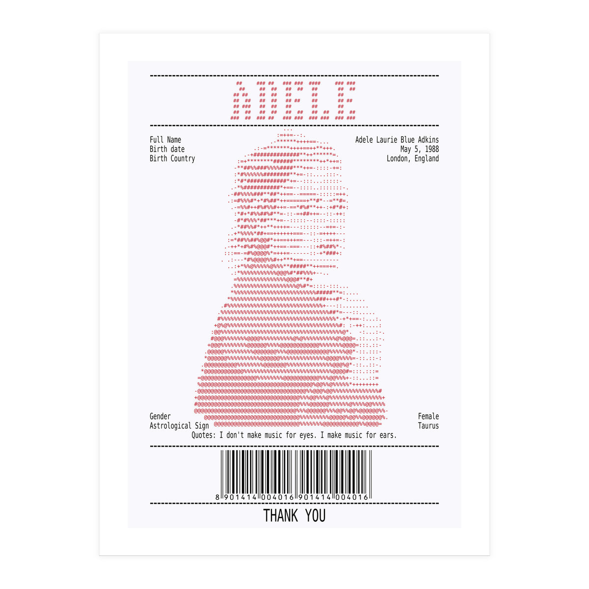 Receipt Art Adele Red (Print Only)