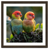 Lovebirds Couple Perched On Mossy Branch Sunlight thumbnail