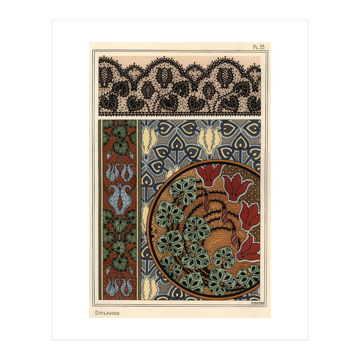 Cyclamen persicum motif in patterns for lace, wallpaper and fabric. (Print Only)