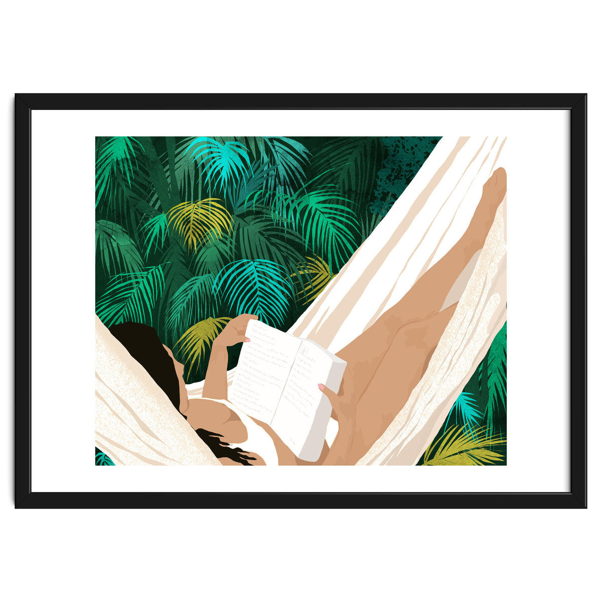 Summer Hammock Reading, Tropical Jungle Travel, Watercolor Nature Bohemian Forest Plants, Palm Beach