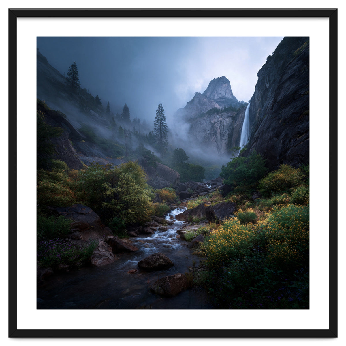 Majestic Misty Mountain Valley with Cascading Waterfall