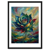Enchanted Teal and Gold Rose Impasto Oil Painting
