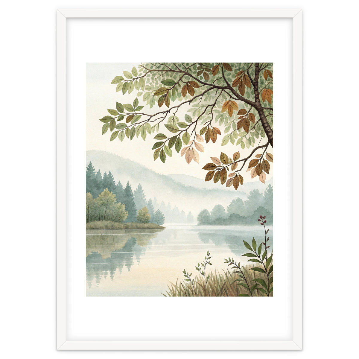 Tranquil Lakeside Forest Watercolor Painting with Overhanging Autumn Branches and Misty Mountain Reflection