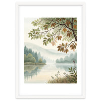 Tranquil Lakeside Forest Watercolor Painting with Overhanging Autumn Branches and Misty Mountain Reflection
