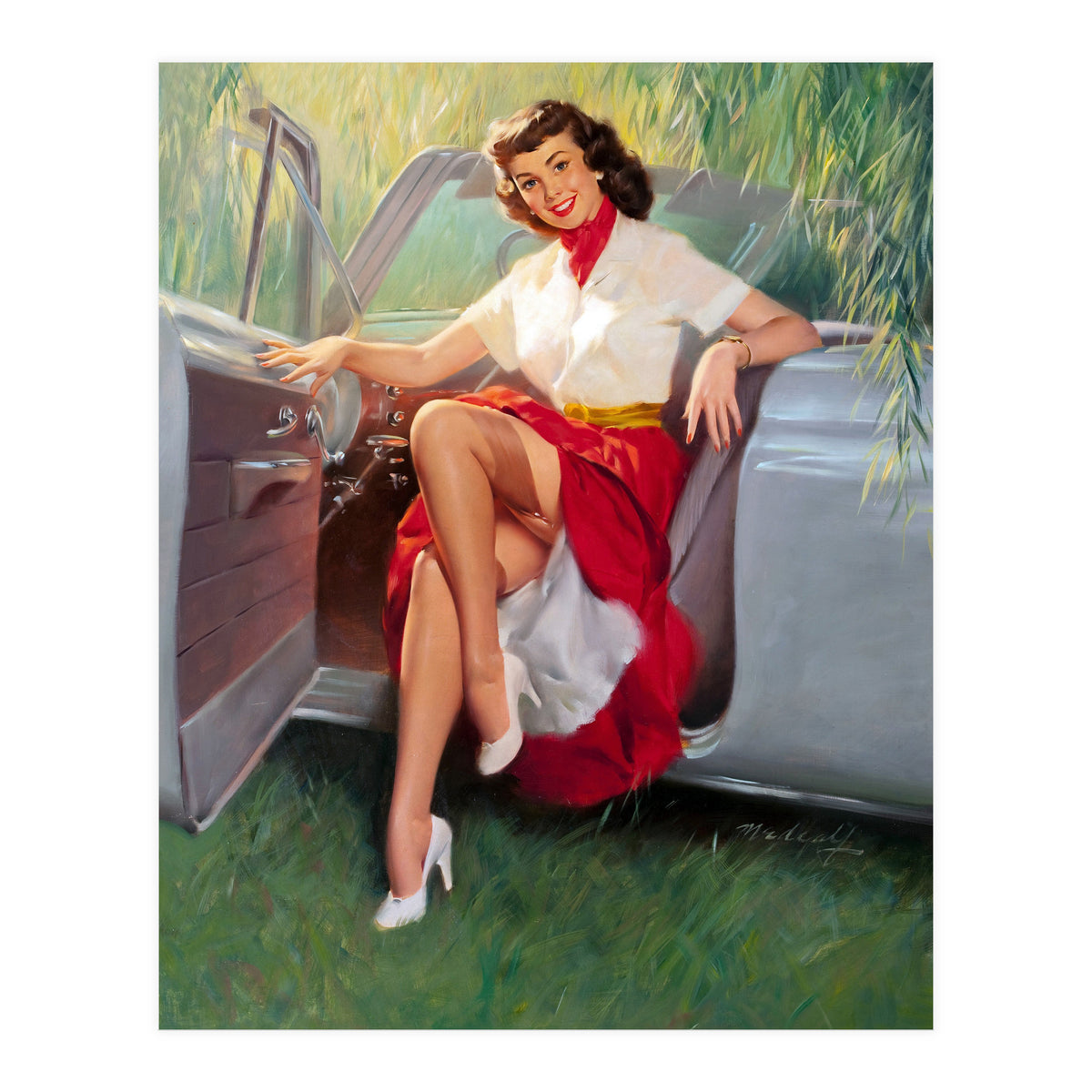 Sexy Pinup Woman Posing In Convertible Car (Print Only)