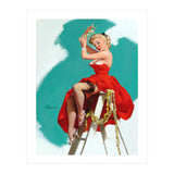 Sexy Pinup Girl In Red Dress Posing On a Ladder (Print Only) thumbnail